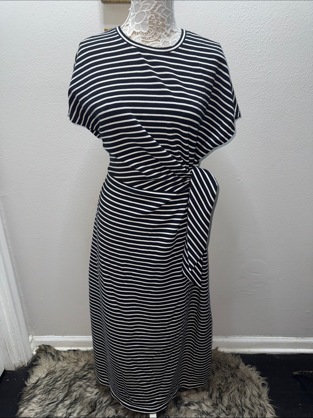 SPANX Black and White Striped Maxi Wrap-Effect Dress